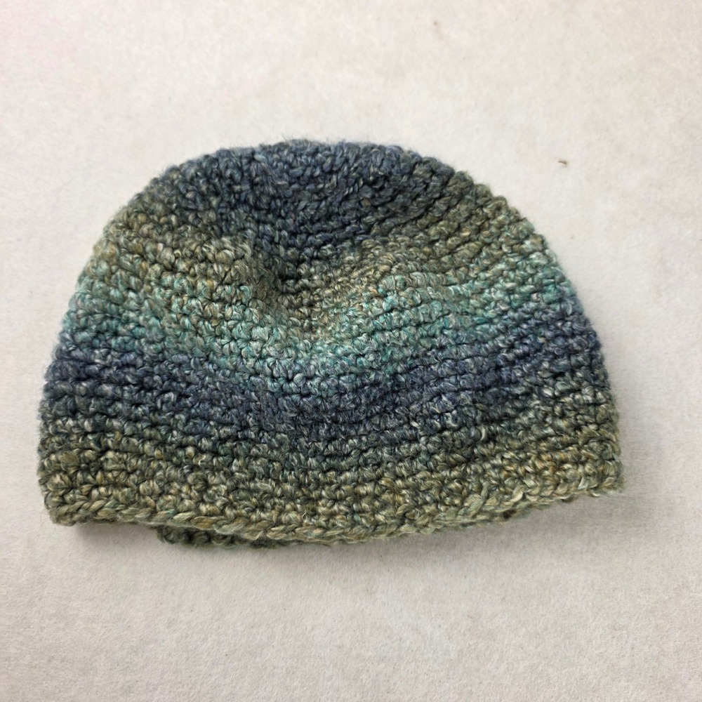 Handmade Crochet Beanie Ombre Green Blue Gradient Skull Cap Winter Hat Boho
